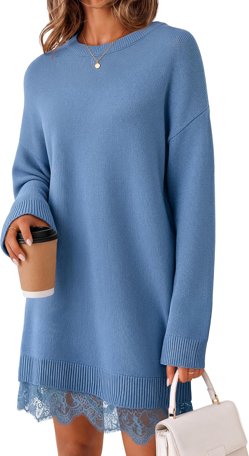 Oversized long sleeve knit sweater dress with crew neck and lace trim