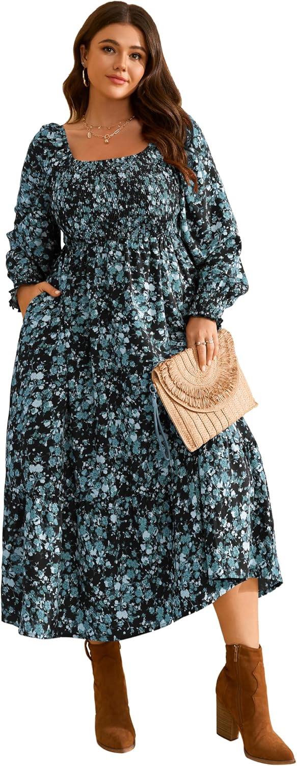 Plus size floral maxi dress with long sleeves and empire waist