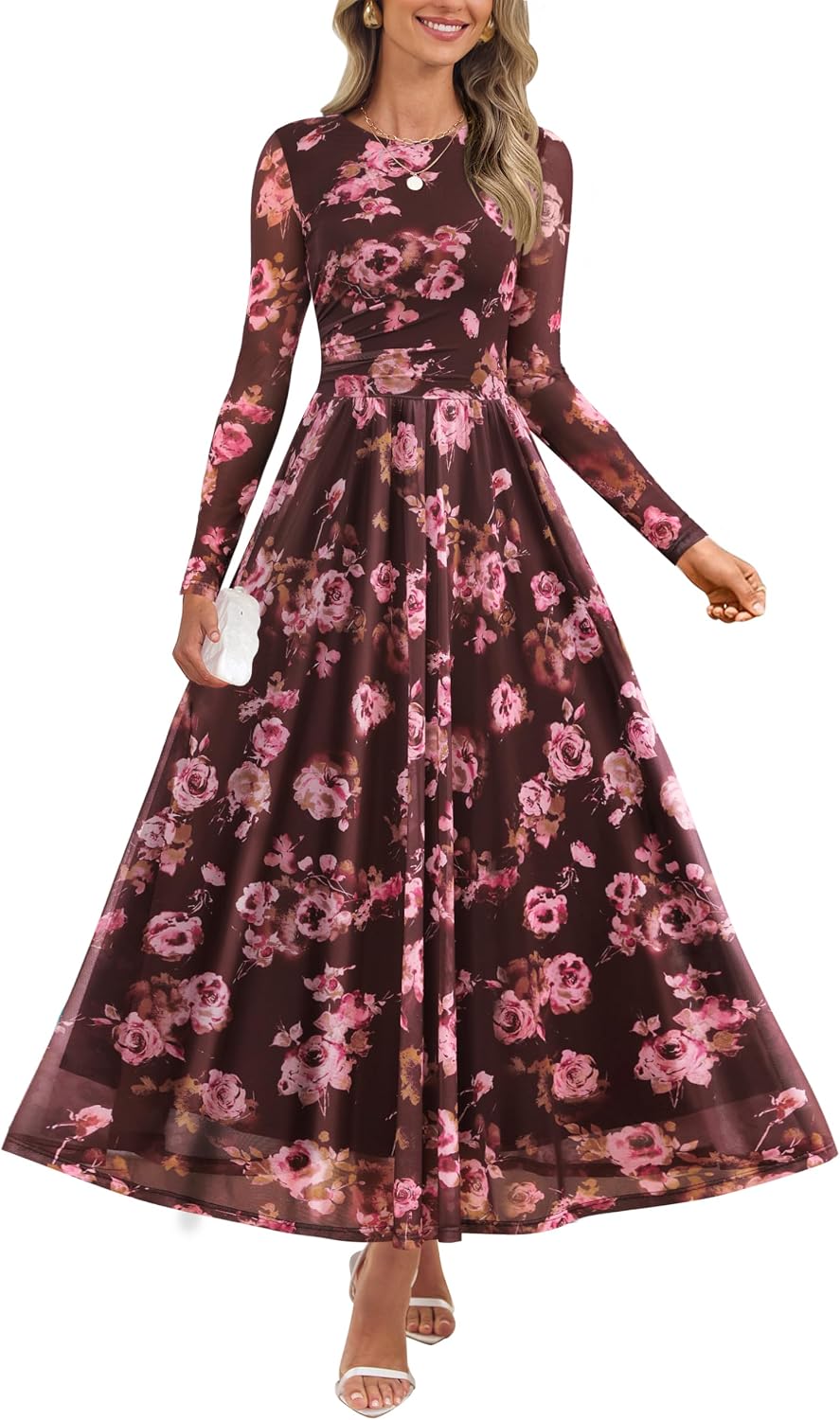 Floral print maxi dress with sheer mesh long sleeves and ruched detailing