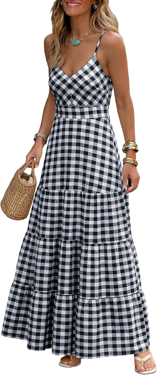 Gingham plaid maxi dress with spaghetti straps and a smocked back