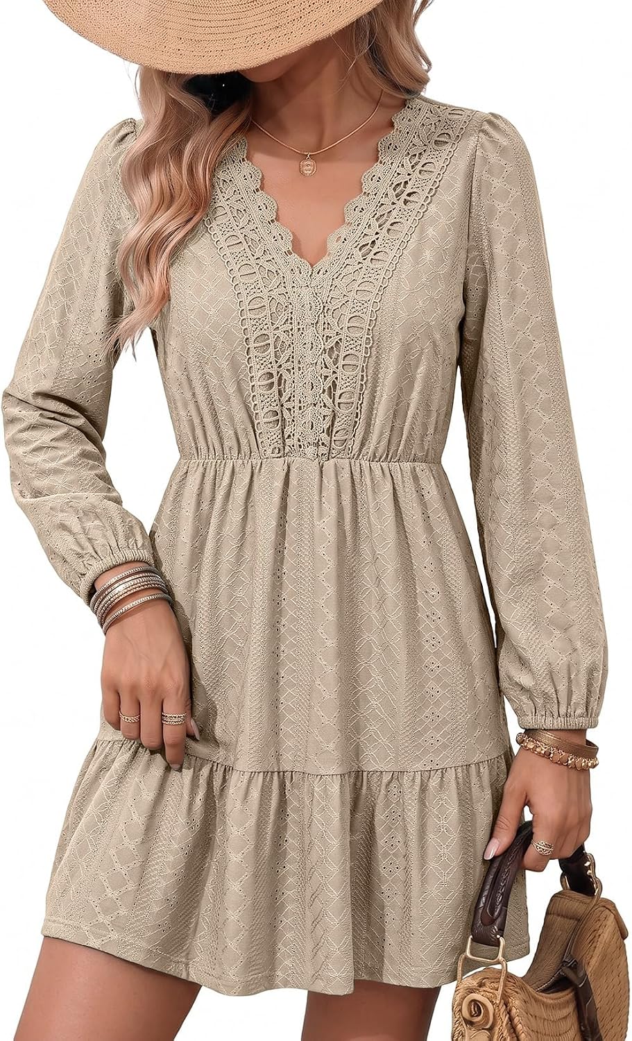 Lace embroidered A-line dress with V-neck, long sleeves, and tiered skirt