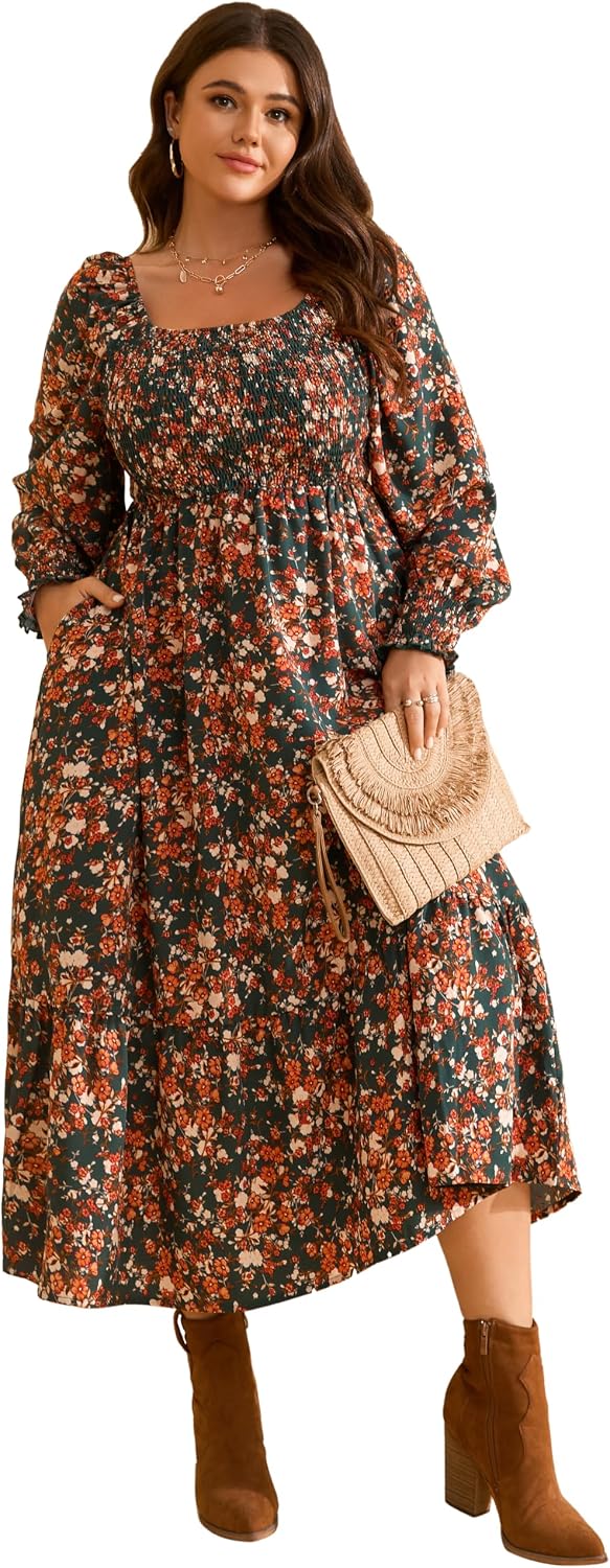 Plus size floral maxi dress with long sleeves and empire waist