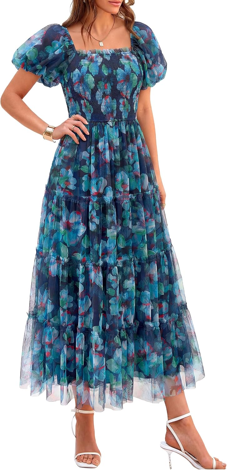 Side view of flowy mesh midi dress