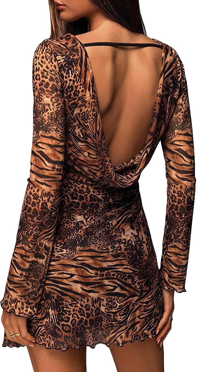 Animal print mesh mini dress with backless draped design and long sleeves