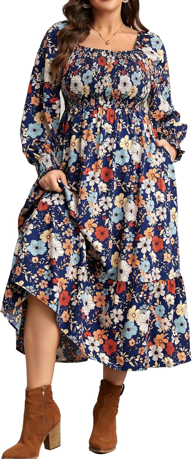 Plus size floral maxi dress with long sleeves and empire waist