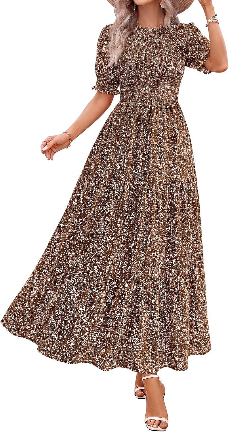 Smocked maxi dress with puff sleeves and tiered skirt