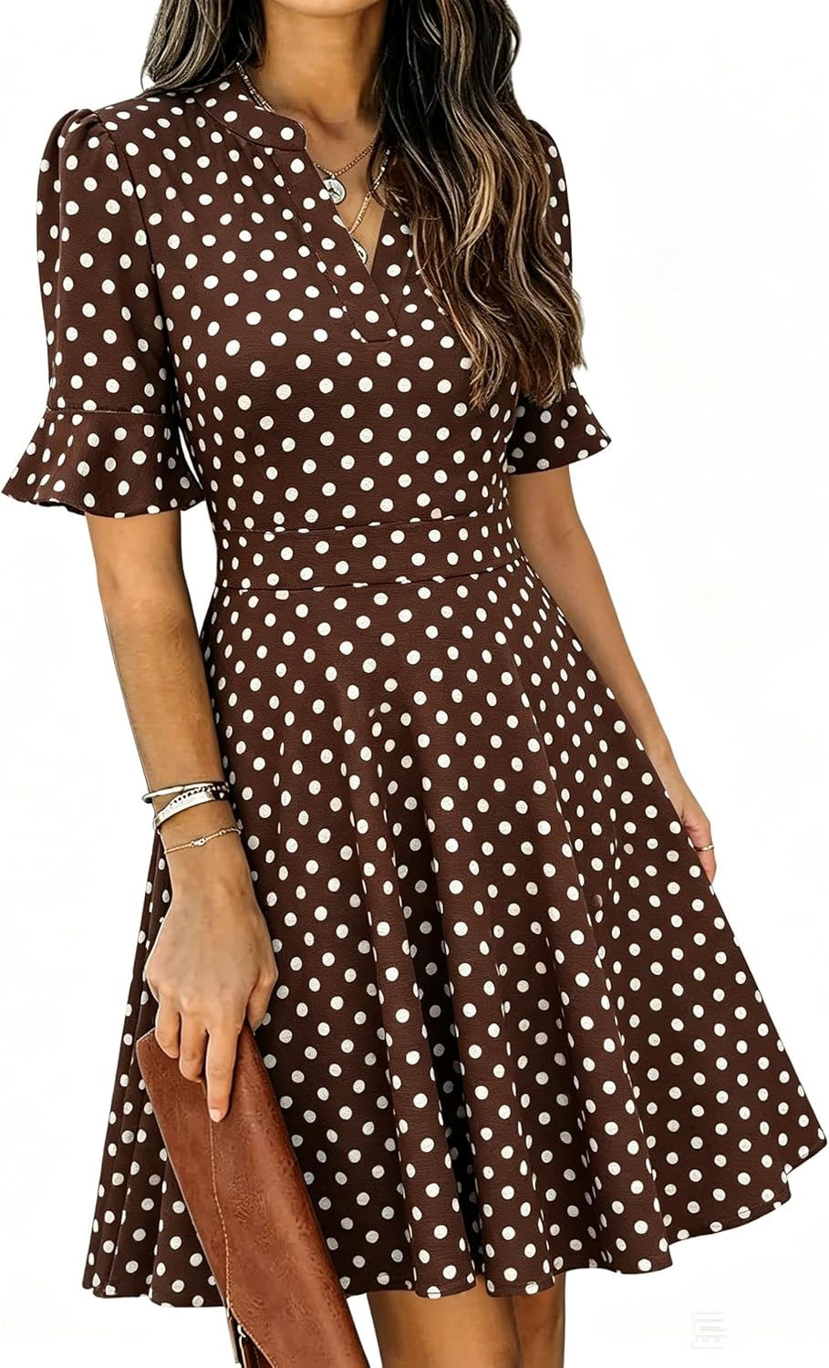 Ruffle sleeve fit-and-flare dress with V-neck and knee-length hem