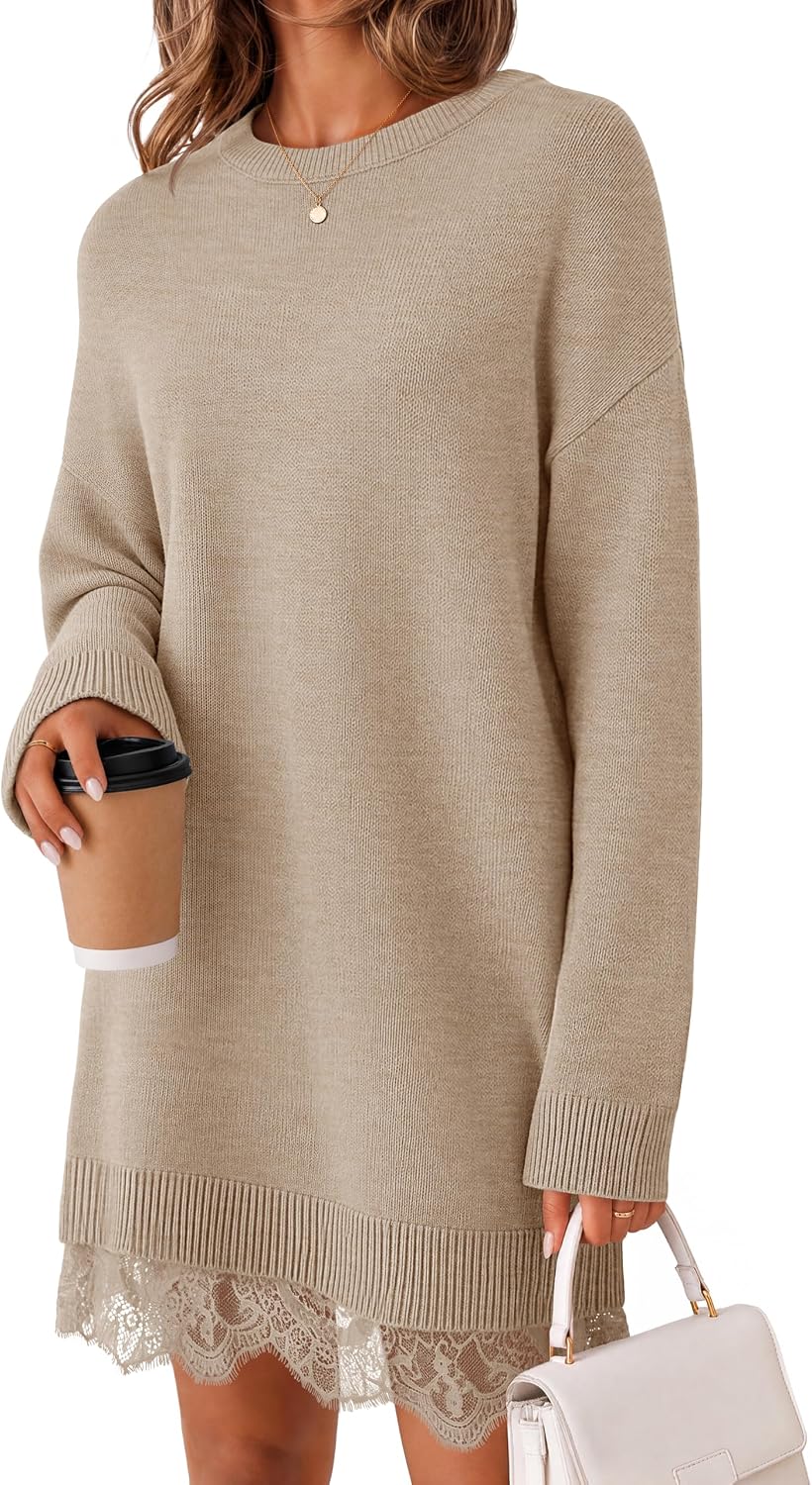 Oversized long sleeve knit sweater dress with crew neck and lace trim
