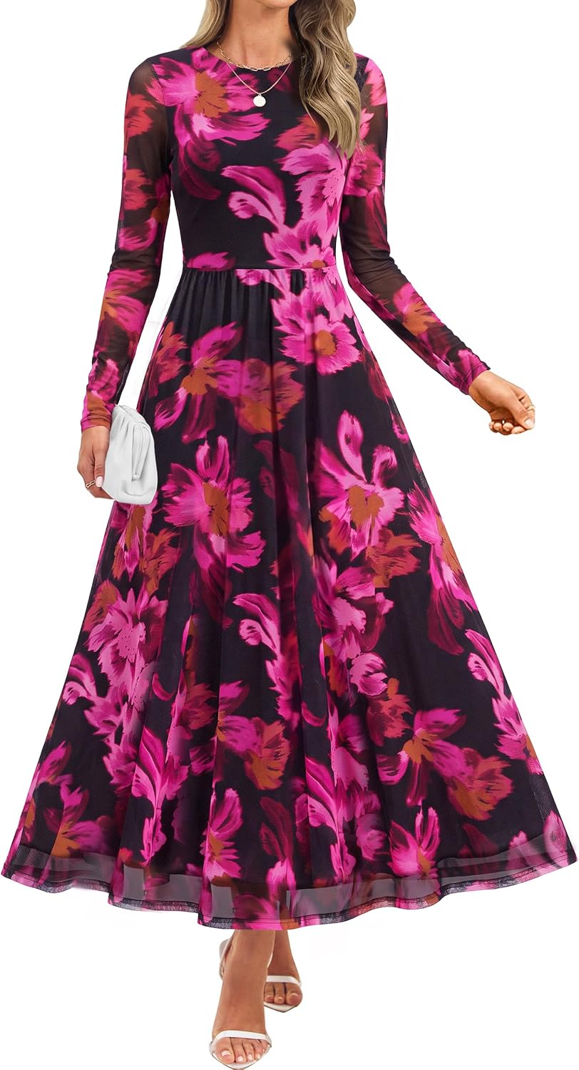 Floral print maxi dress with sheer mesh long sleeves and ruched detailing