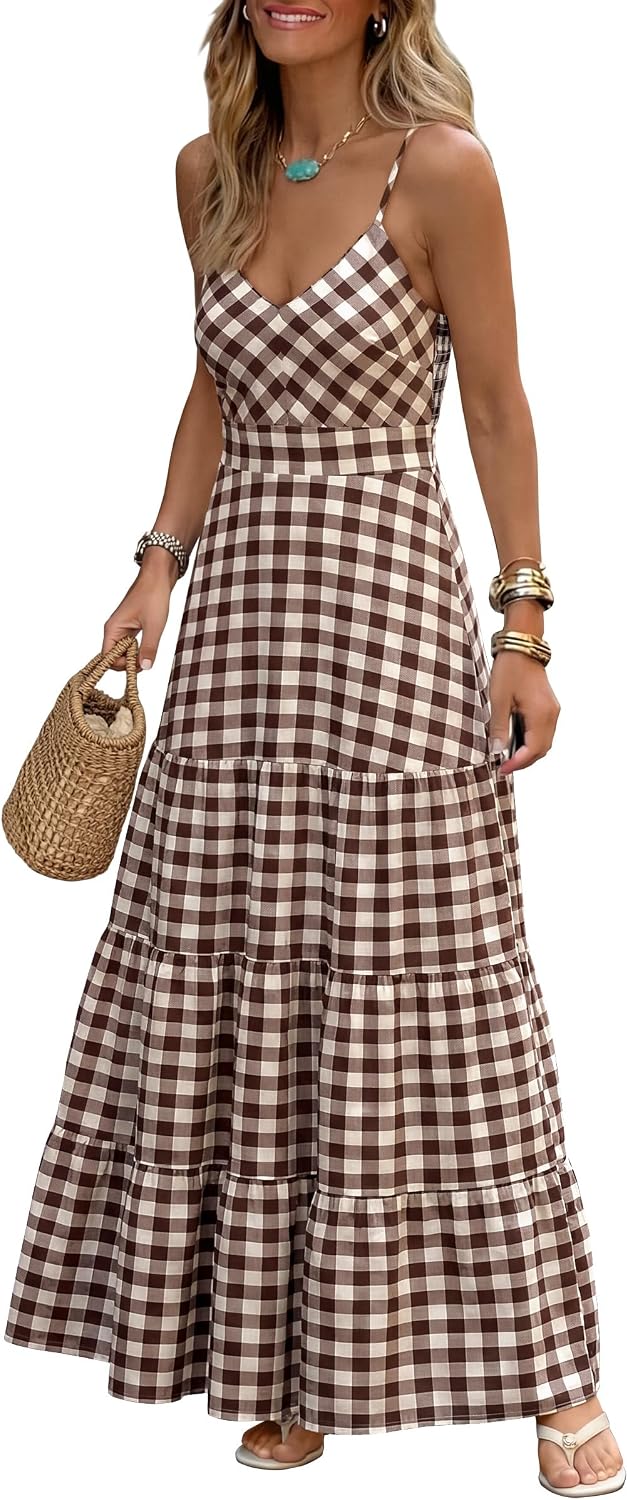 Gingham plaid maxi dress with spaghetti straps and a smocked back
