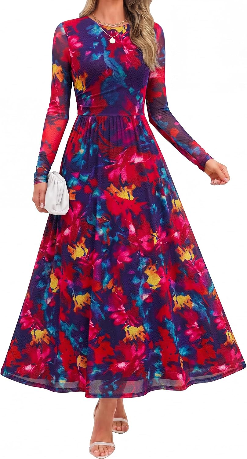 Floral print maxi dress with sheer mesh long sleeves and ruched detailing