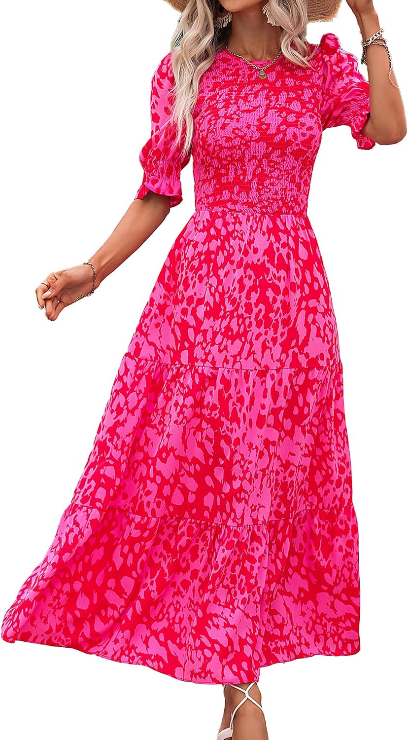 Smocked maxi dress with puff sleeves and tiered skirt