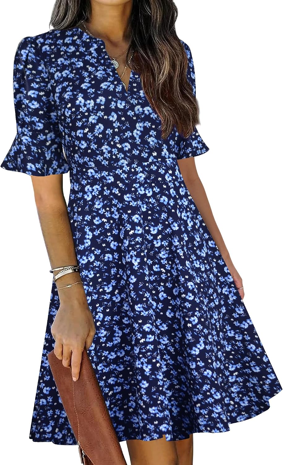 Ruffle sleeve fit-and-flare dress with V-neck and knee-length hem