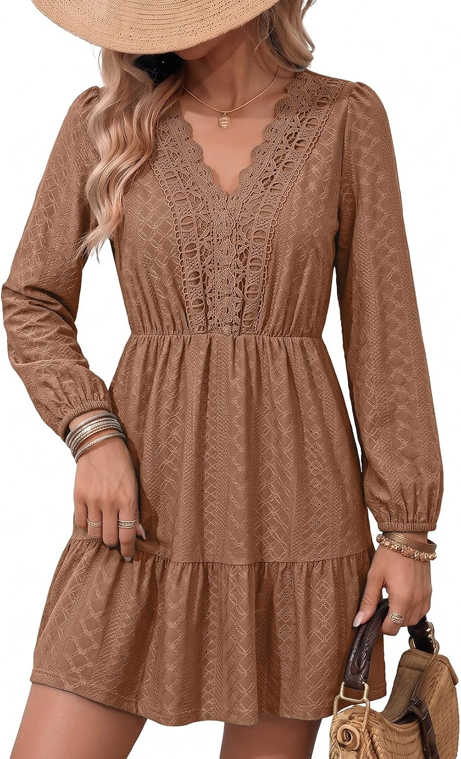 Lace embroidered A-line dress with V-neck, long sleeves, and tiered skirt