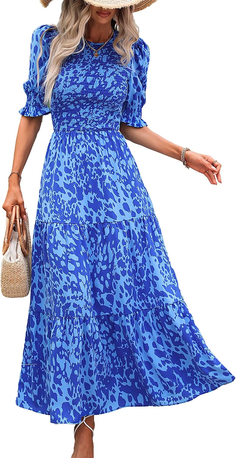 Smocked maxi dress with puff sleeves and tiered skirt