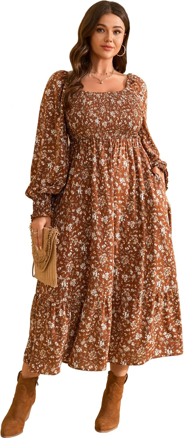 Plus size floral maxi dress with long sleeves and empire waist