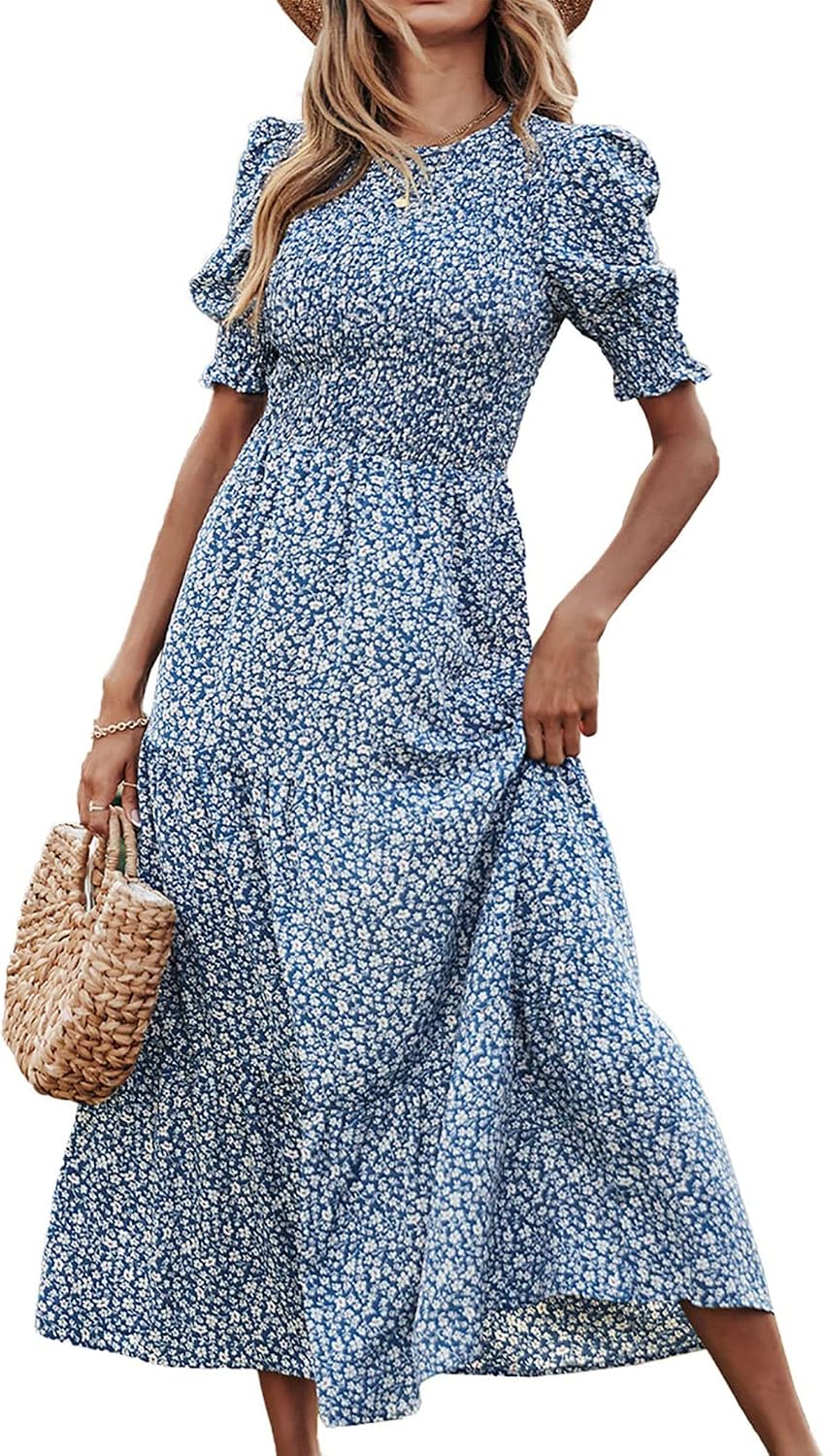 Smocked maxi dress with puff sleeves and tiered skirt