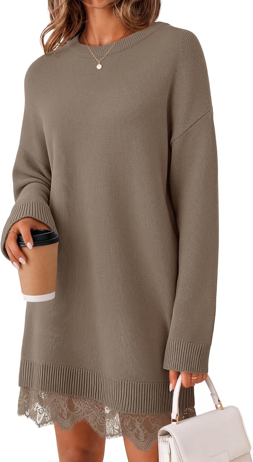 Oversized long sleeve knit sweater dress with crew neck and lace trim