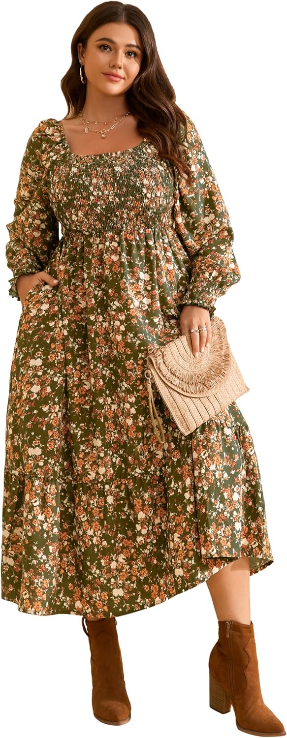 Plus size floral maxi dress with long sleeves and empire waist