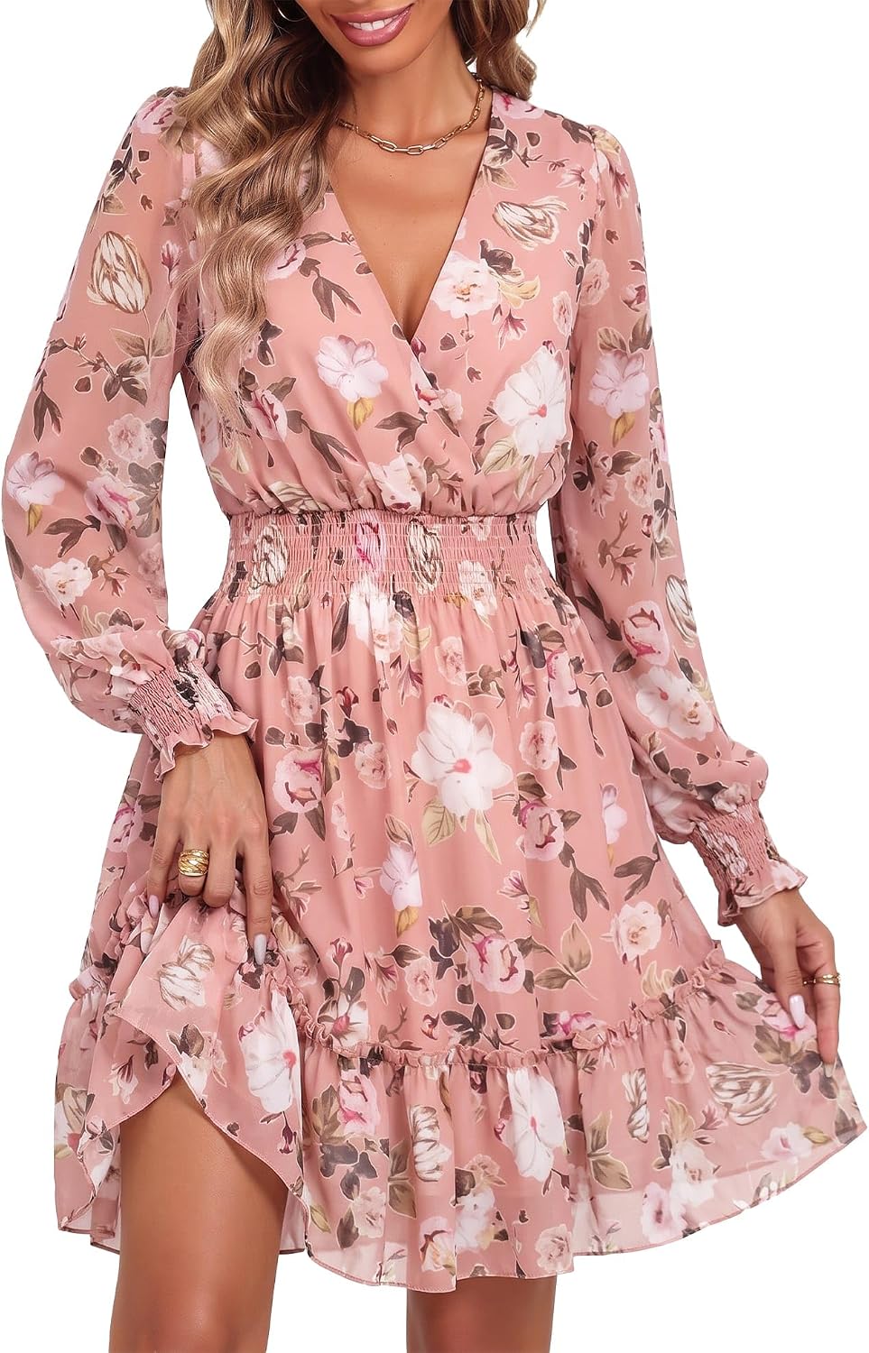Model wearing wrap neck mini dress