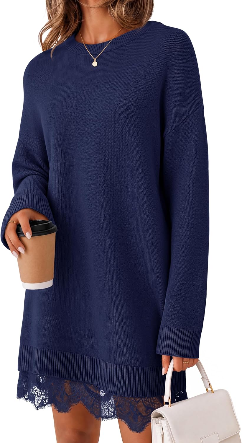 Oversized long sleeve knit sweater dress with crew neck and lace trim