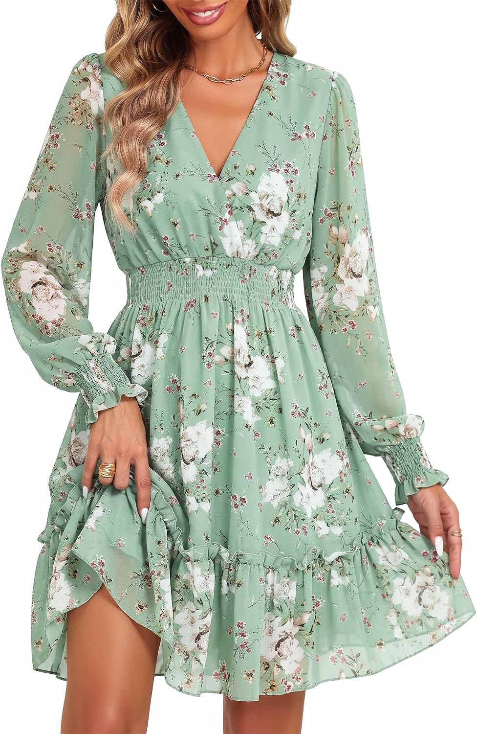 Color and print detail view of dress