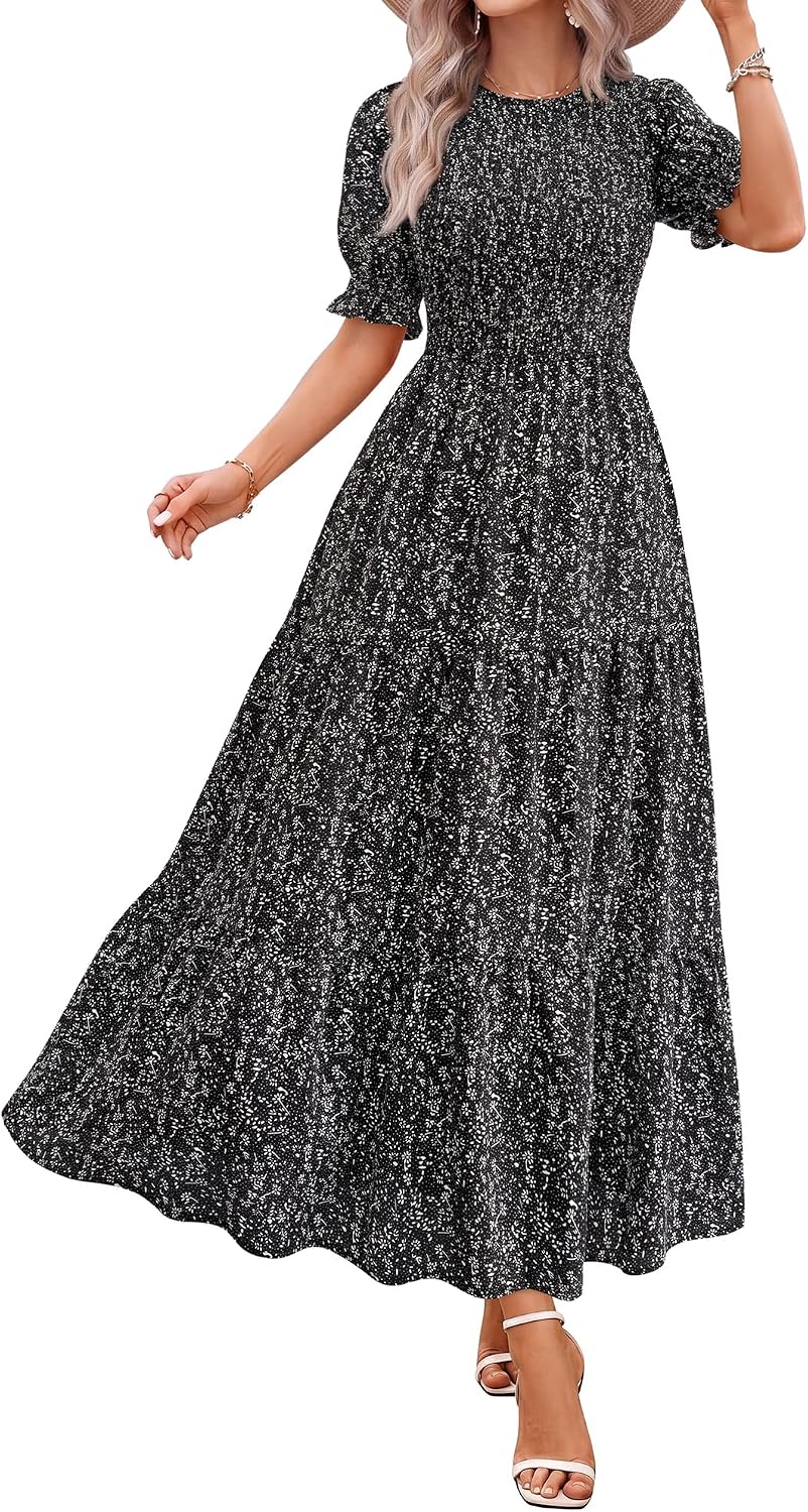 Smocked maxi dress with puff sleeves and tiered skirt