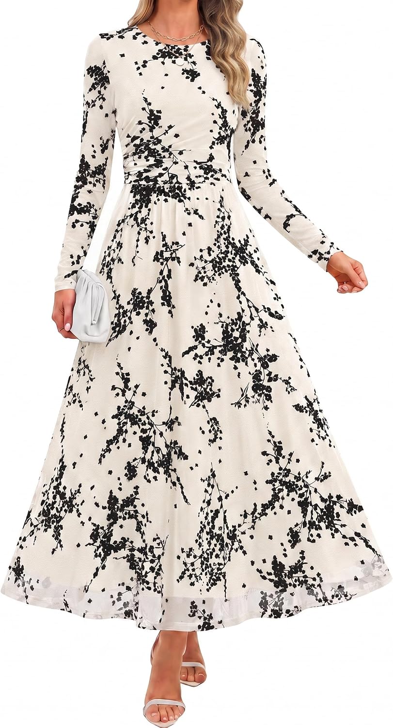 Floral print maxi dress with sheer mesh long sleeves and ruched detailing