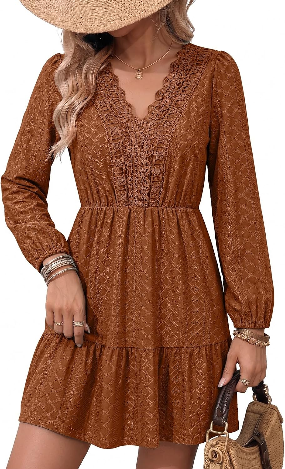 Lace embroidered A-line dress with V-neck, long sleeves, and tiered skirt
