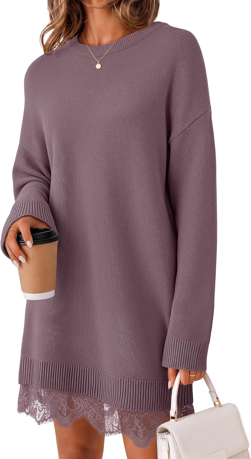 Oversized long sleeve knit sweater dress with crew neck and lace trim