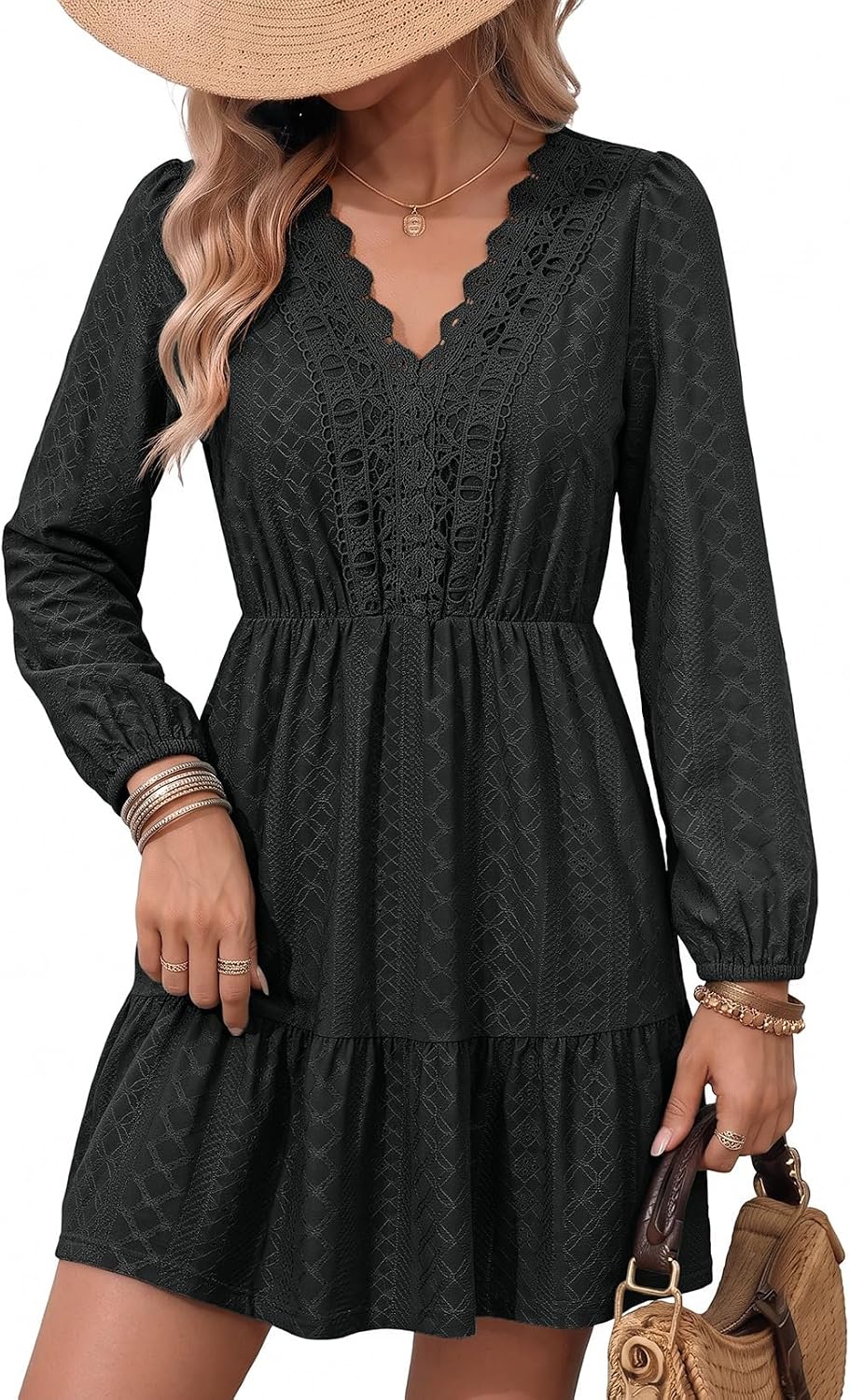 Lace embroidered A-line dress with V-neck, long sleeves, and tiered skirt