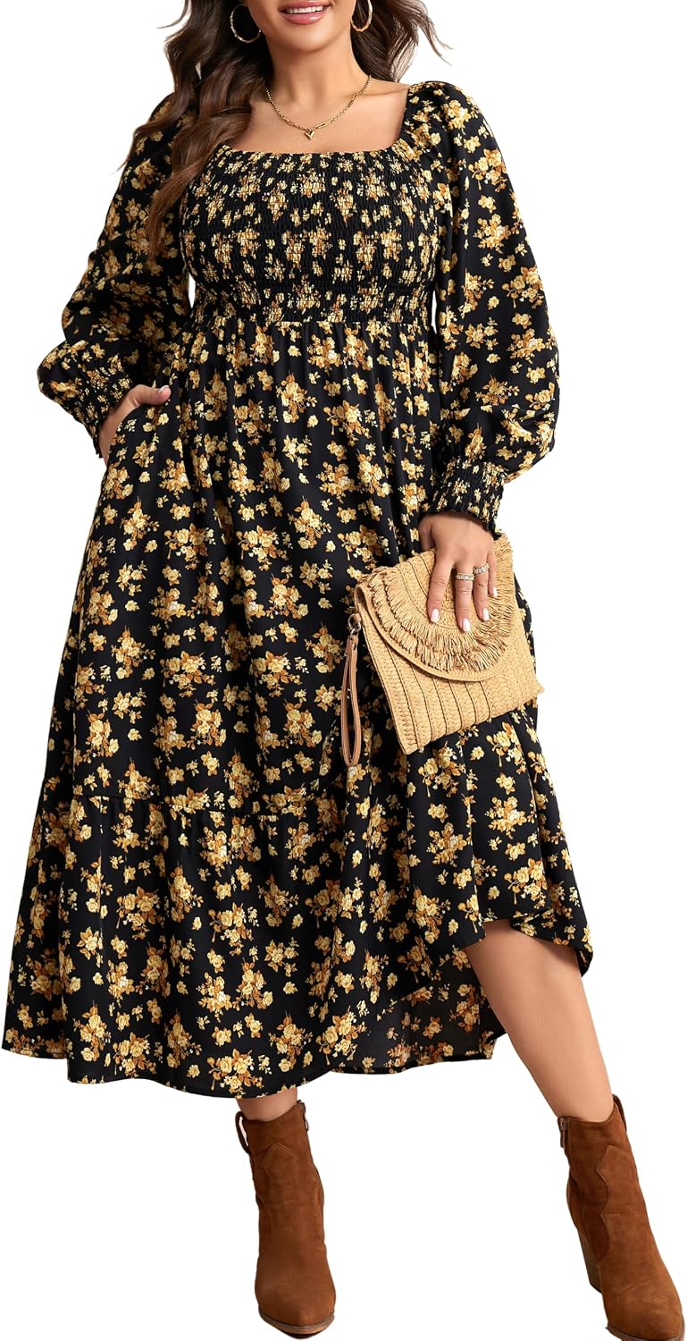 RWJ Women Plus Size Fall Dresses Long Sleeve Smocked Boho Floral Maxi Dress | 2026 Square Neck Empire Waist A-line Casual Wedding Guest Baby Shower Holiday Party Beach Vacation Spring Dresses With Pocket