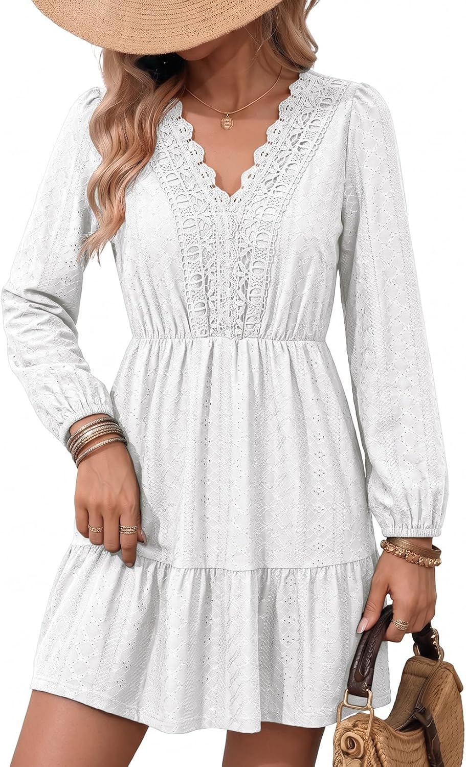 Lace embroidered A-line dress with V-neck, long sleeves, and tiered skirt
