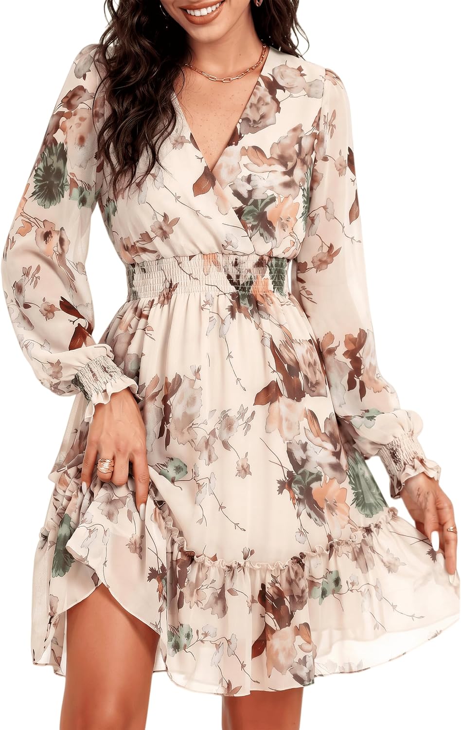Front view of wrap neck chiffon mini dress