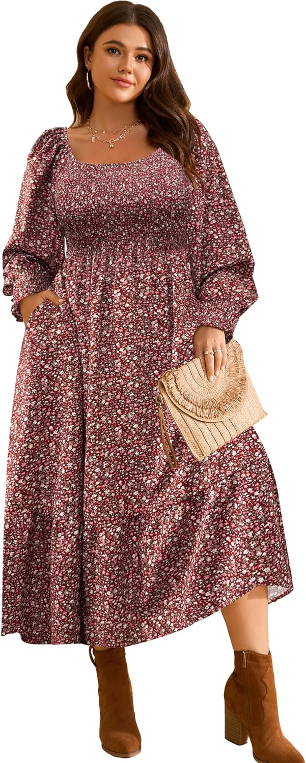 Plus size floral maxi dress with long sleeves and empire waist