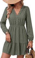 Lace embroidered A-line dress with V-neck, long sleeves, and tiered skirt