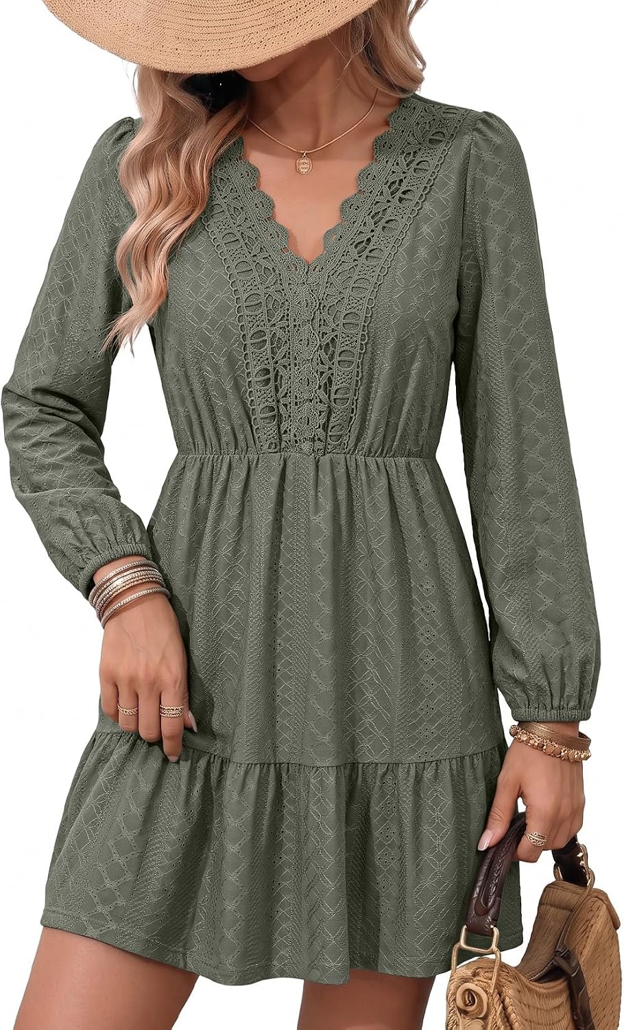 Lace embroidered A-line dress with V-neck, long sleeves, and tiered skirt