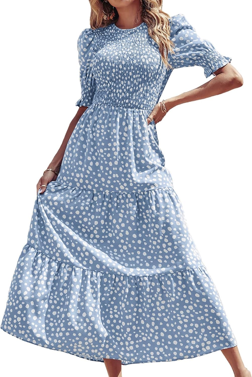 Smocked maxi dress with puff sleeves and tiered skirt