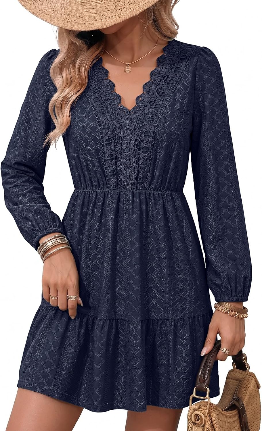 Lace embroidered A-line dress with V-neck, long sleeves, and tiered skirt