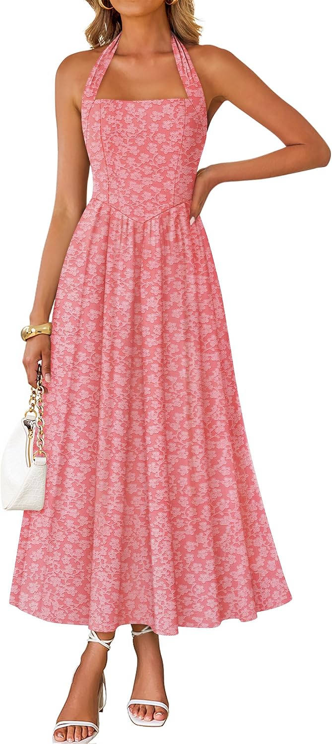 Floral halter maxi dress with flowy A-line skirt