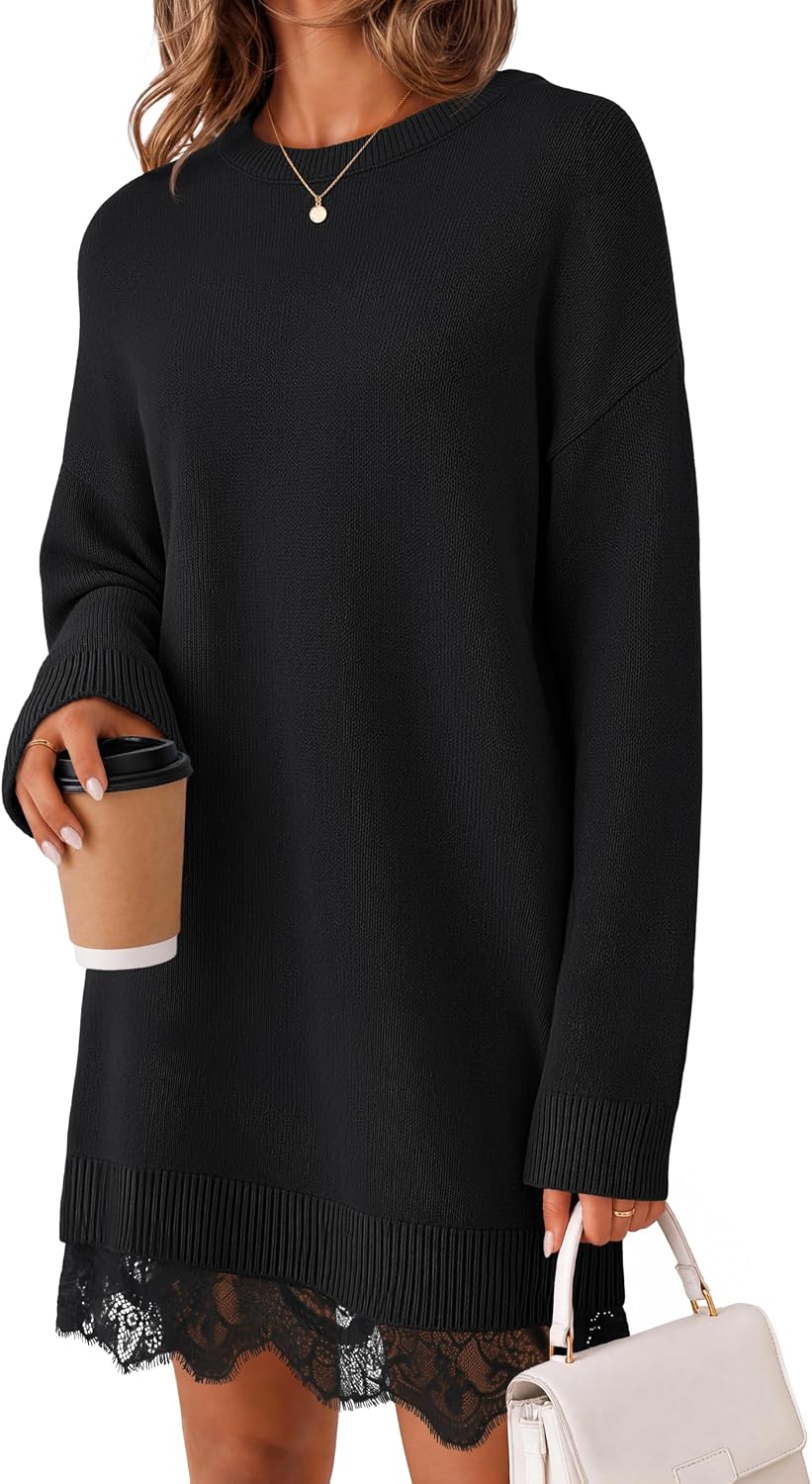 Oversized long sleeve knit sweater dress with crew neck and lace trim
