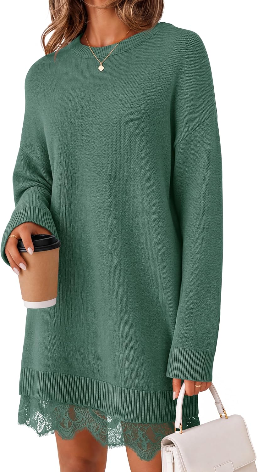 Oversized long sleeve knit sweater dress with crew neck and lace trim