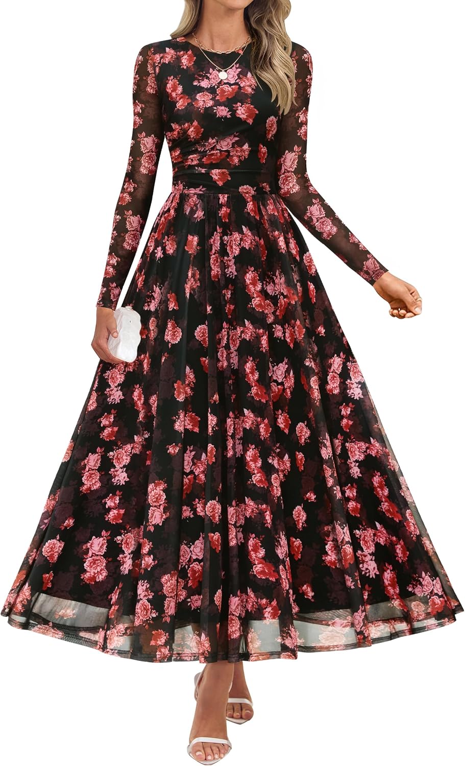Floral print maxi dress with sheer mesh long sleeves and ruched detailing