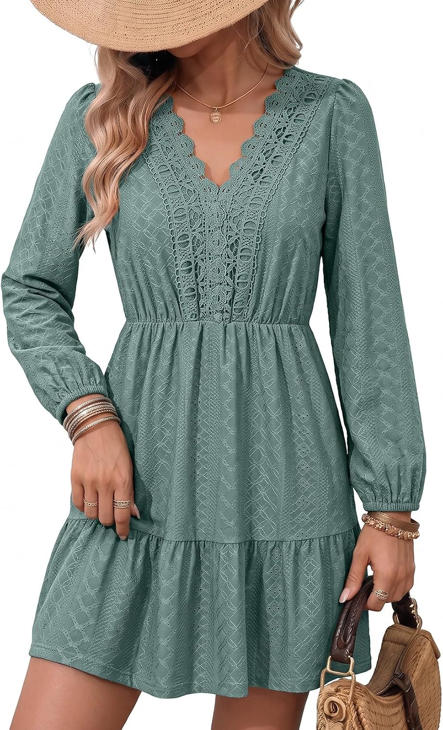 Lace embroidered A-line dress with V-neck, long sleeves, and tiered skirt