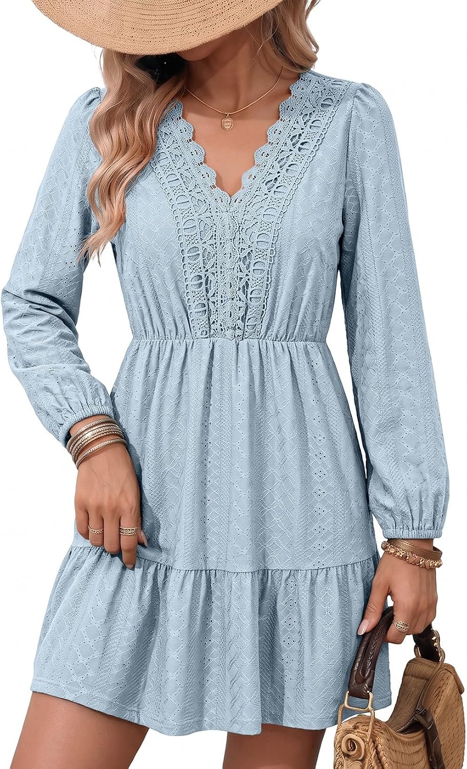 Lace embroidered A-line dress with V-neck, long sleeves, and tiered skirt