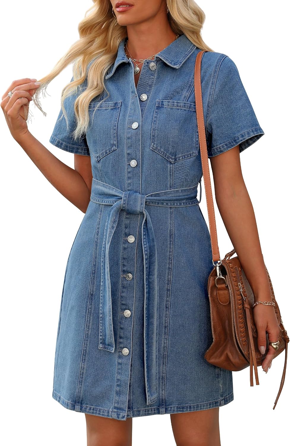Side view of denim dress with pockets