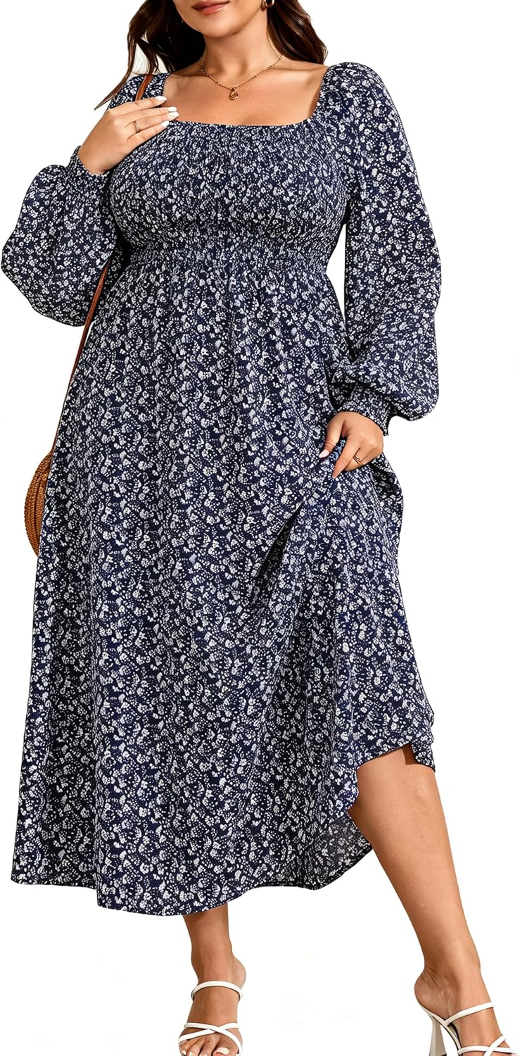 Plus size floral maxi dress with long sleeves and empire waist