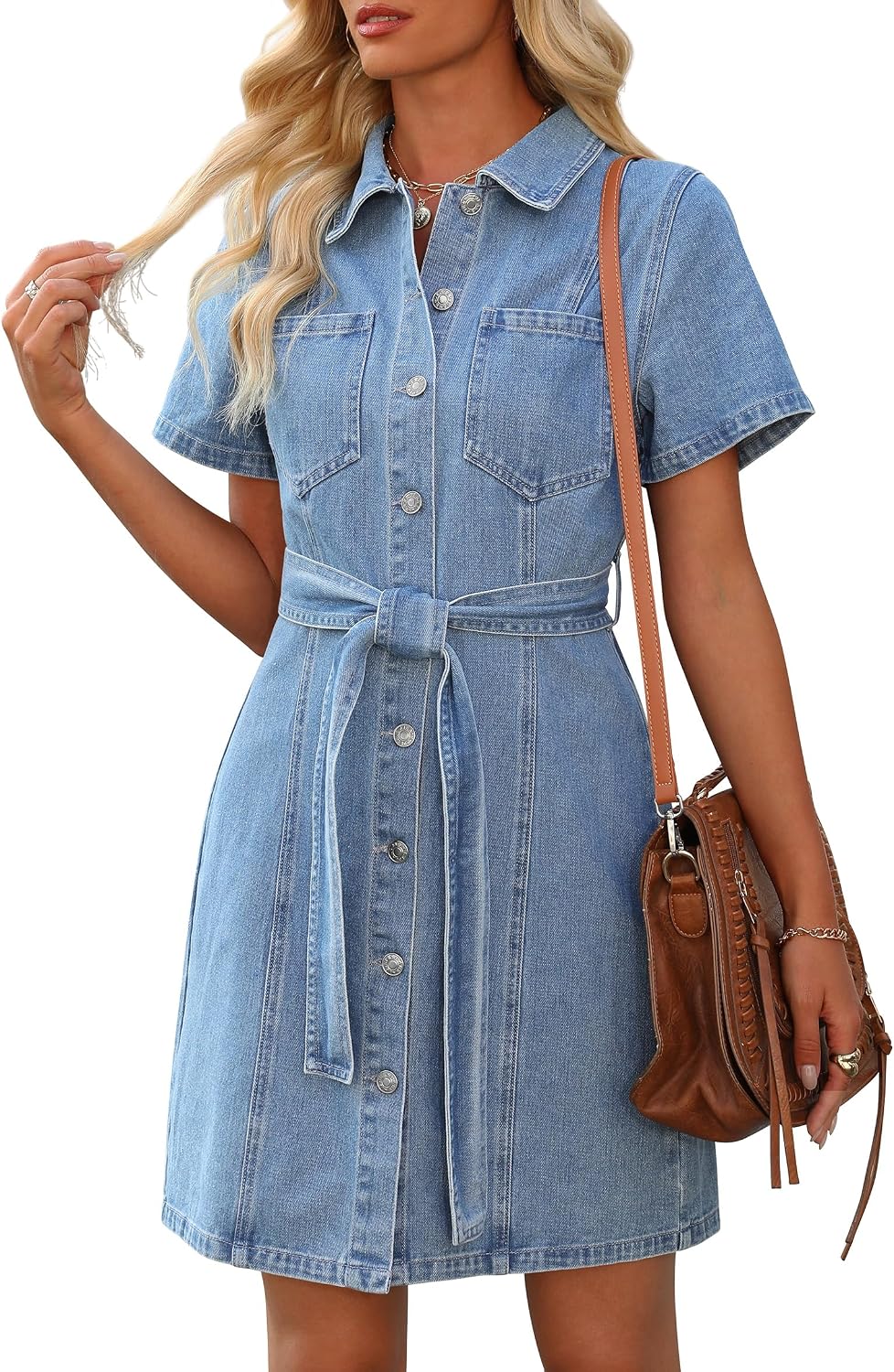 Model wearing denim shirt dress