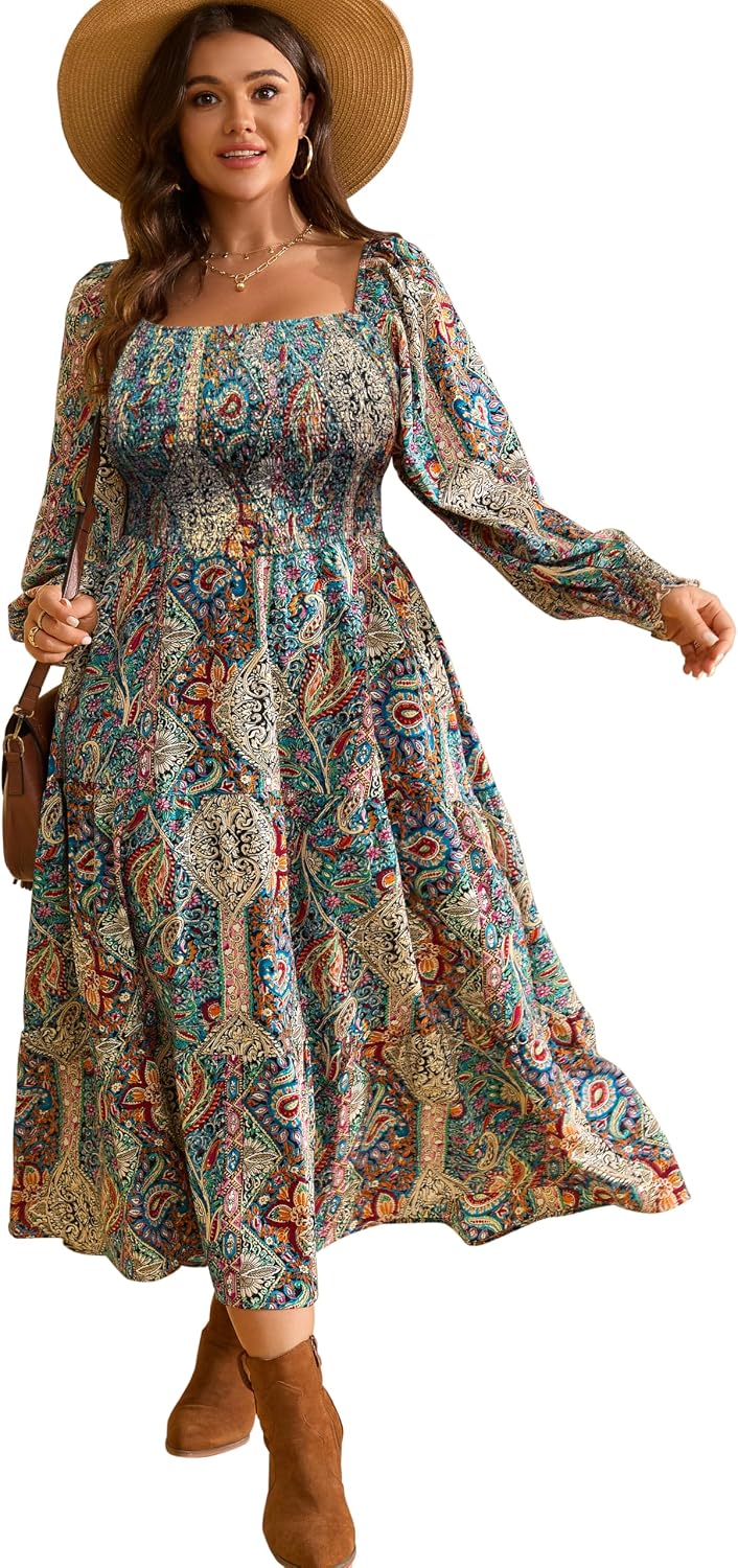Plus size floral maxi dress with long sleeves and empire waist